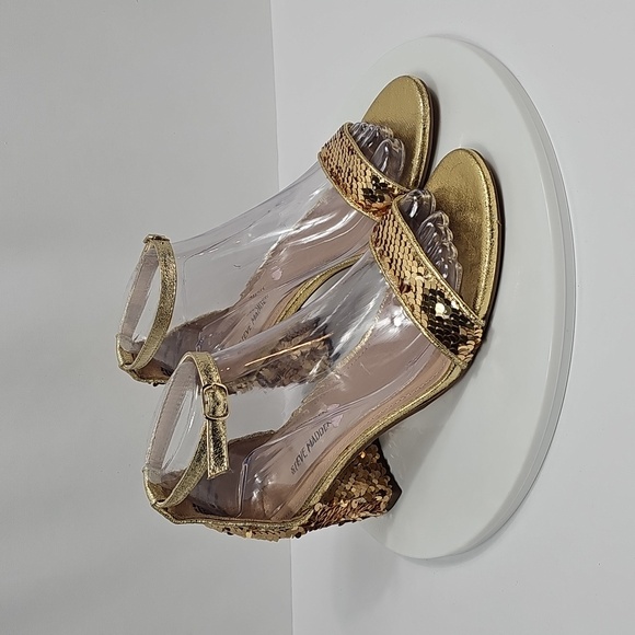 Steve Madden Carrson Sequin Block Heel Sandals 6 Gold Ankle Strap Formal Dress - Picture 3 of 14